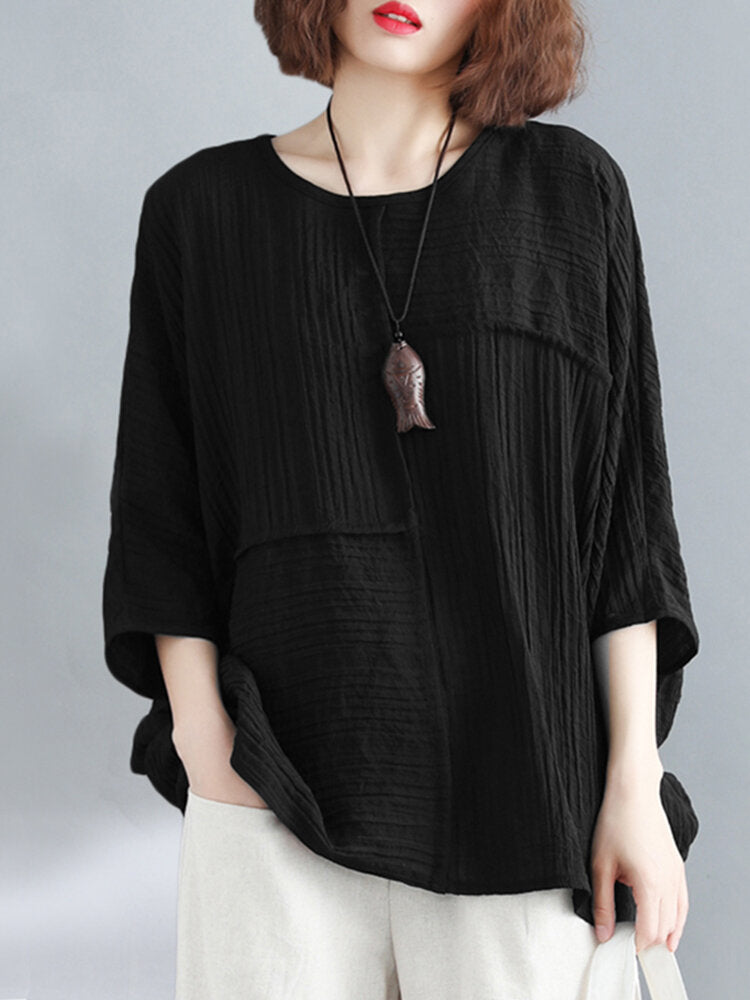 Solid Round Neck Bat Sleeve Casual Blouse