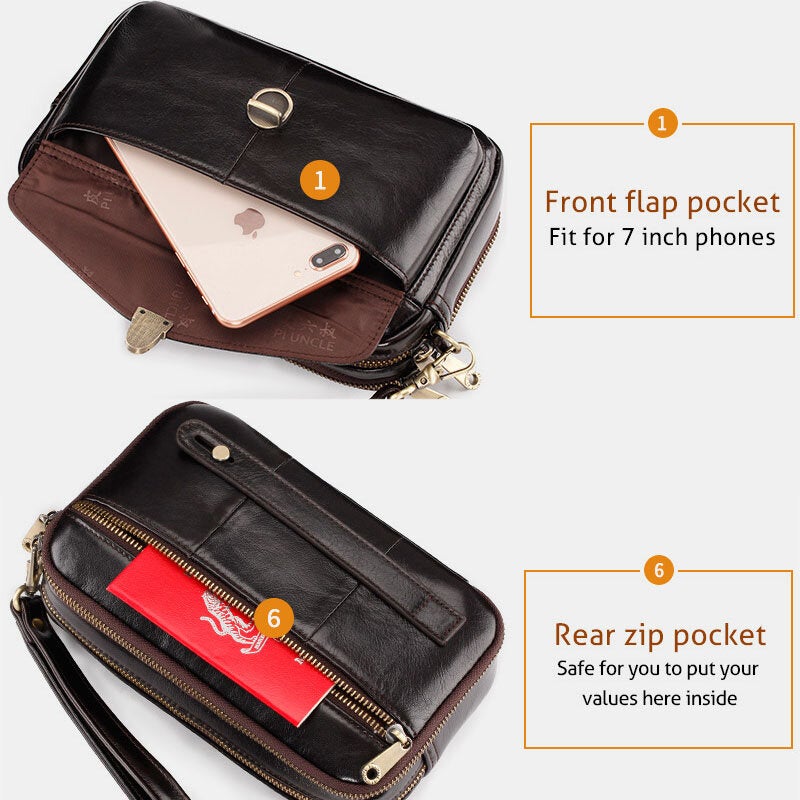 Men Multifunction Long Multi-card Slot Wallet Retro Large Capacity First Layer Cowhide 6.5 Inch Phone Bag Clutch Bags