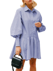Women Daily Lapel Puff Sleeves Ruffled Fishtail Shirt Skirt