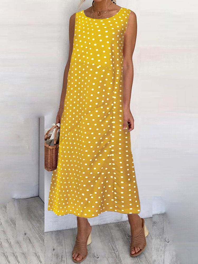 Polka Dot Print O-neck Sleeveless Loose Summer Casual Maxi Dress