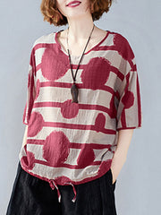 Round Print Drawstring Round Neck Half Sleeve Casual Blouse