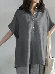 Solid Button Stand Collar Short Sleeve Loose Casual Blouse