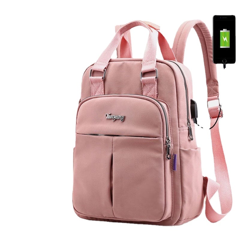 Women Nylon Waterproof Patchwork Backpack With USB Charging Port For Outdoor School