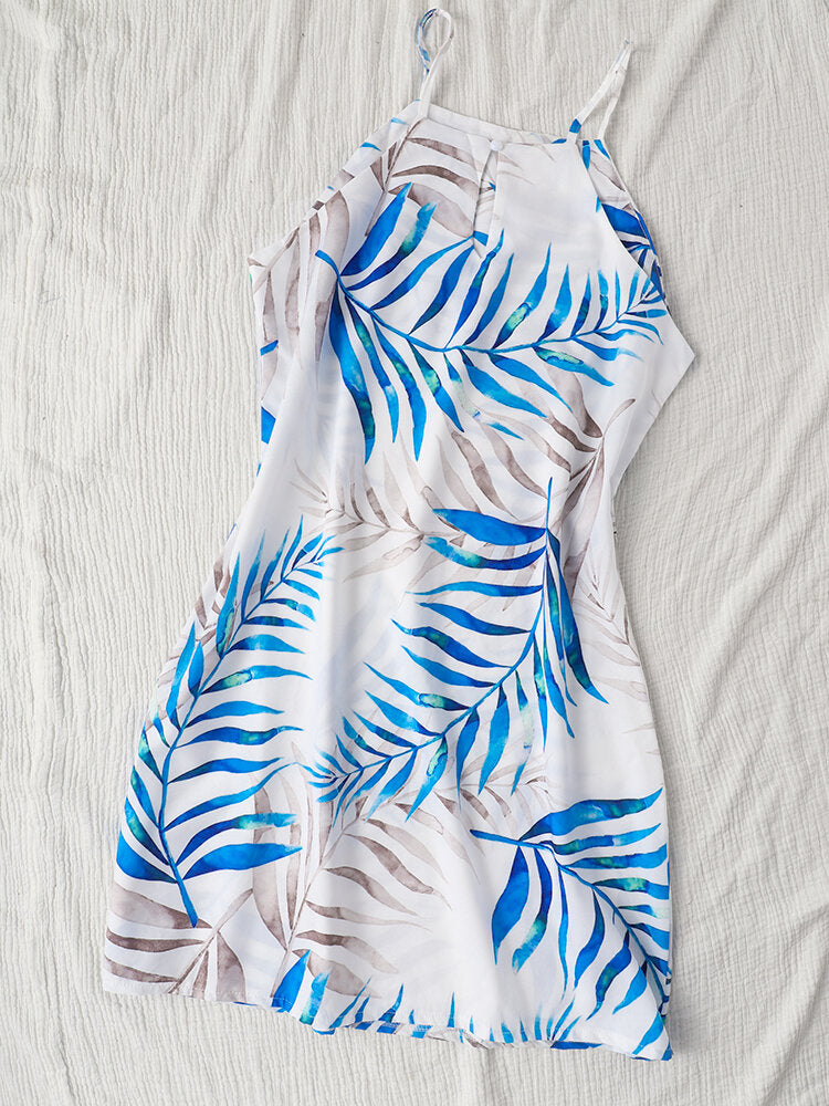 Women  Sleeveless Halter Leaves Printed Hawaii Summer Mini Dress