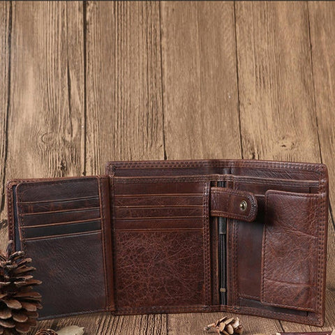 Men Genuine Leather Vintage Tri-fold Wallet 12 Card Slots Short Slim