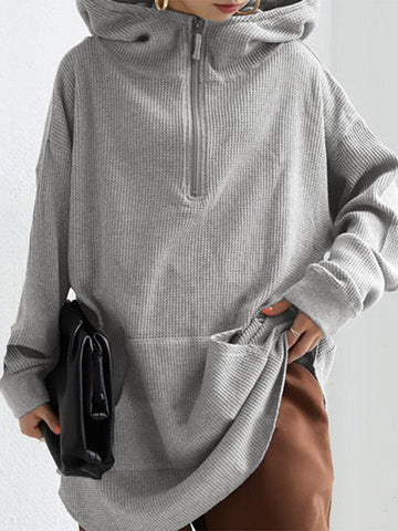 Women Long Solid Color Front Pocket Loose Retro Hooded Sweatshirt