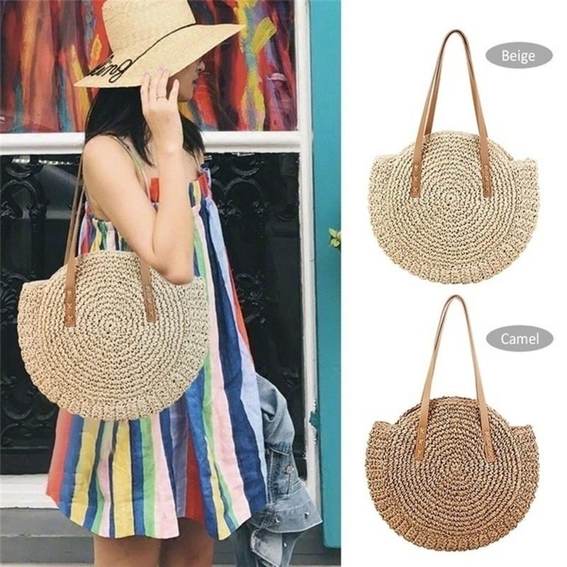 Women Leisure Round Straw Bag Woven Beach Bag Shoulder Bag