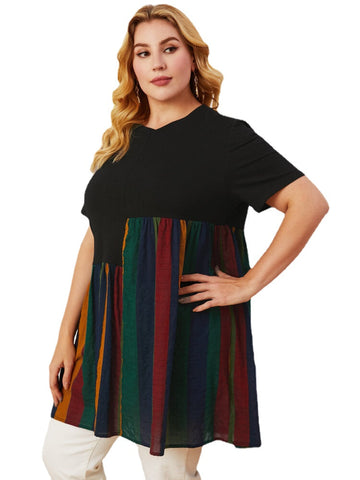 Plus Size Women Colorful Stripes Stitching Round Neck Casual Short Sleeve Blouses