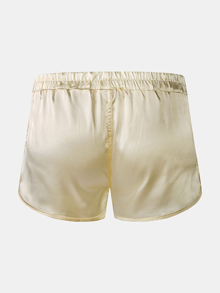 Mens Solid Color Soft Silk Breathable Loose Lightweight Home Elastic Mid Waist Boxers