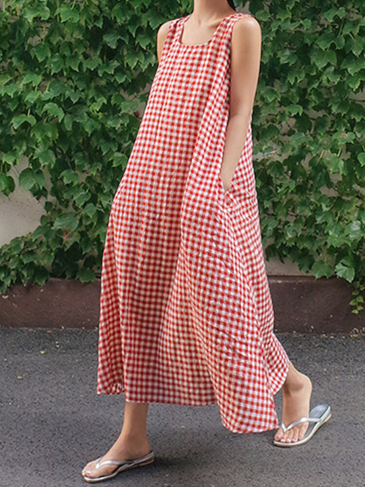 Women Casual Sleeveless Plaid Side Pocket Loose Maxi Dress