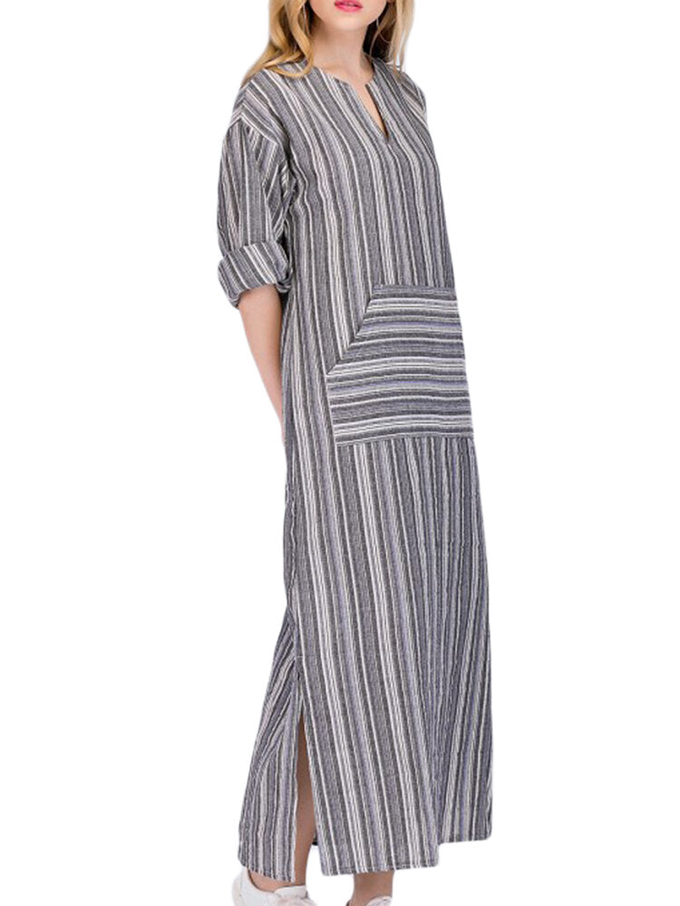 Women Casual Stripe V-neck Big Pocket Long Maxi Dress