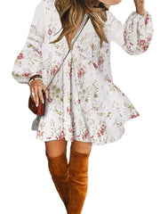 Women Bohemian Floral Printed Puff Sleeve V-Neck Knee Length Midi Dresses