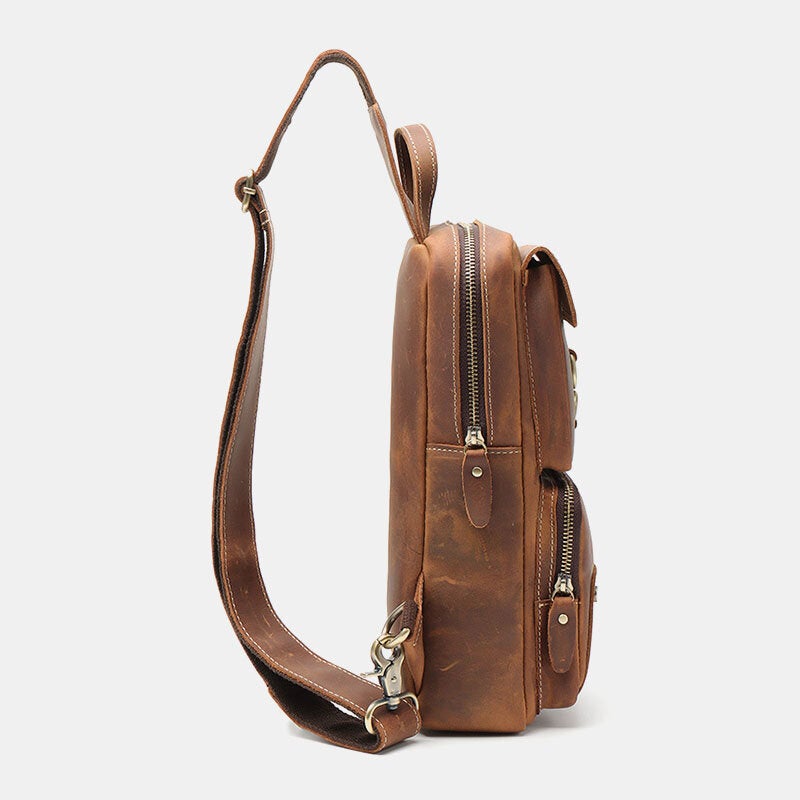 Men Genuine Leather Cowhide Retro Fashion Chest Bag Crossbody Sling