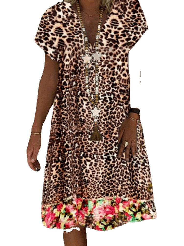 Women Leopard Floral Print V-Neck Casual Short Sleeve Dress