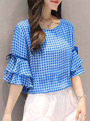 Plaid Knotted Patchwork Ruffle Sleeve Round Neck Blouse