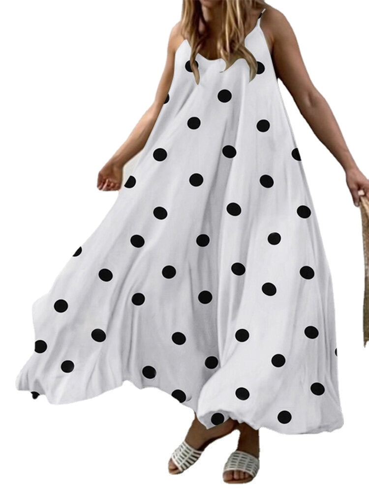 Polka Dot Adjustable Strap Sleeveless Backless Maxi Dress