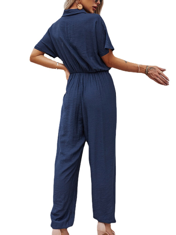 Solid Color Button Pocket High Elastic Waist Loose Jumpsuit