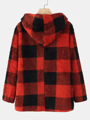 Women Plaid Fleece Hood Long Sleeve Warm Casual Hooded Sweatshirt