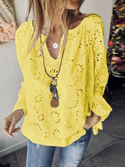 Casual Solid V Neck Loose Hollow Out Blouse