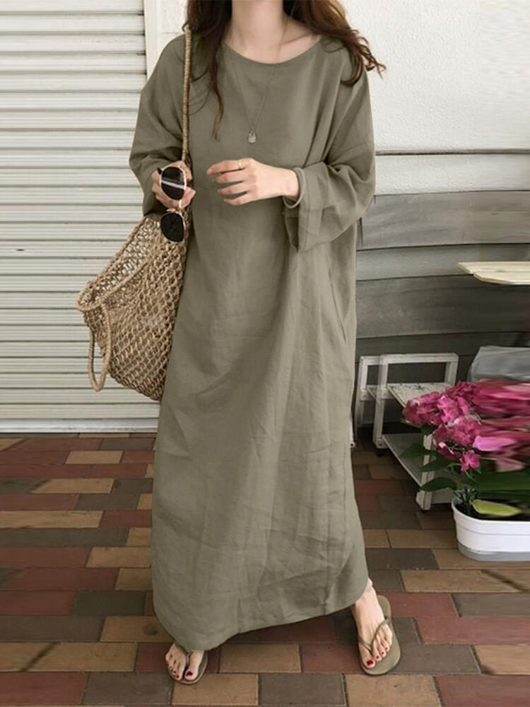 Women Long Sleeve 100% Cotton Shirt Dress Solid Color Ankle Length Pure Cotton Midi Dresses