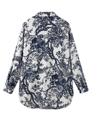 Women Floral Print Lapel Collar High Low Split Hem Long Sleeve Casual Shirts