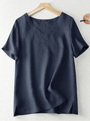 Cotton Solid Split V Neck Short Sleeve Casual Blouse