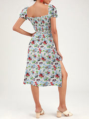 Square Neck Pleated Flower Priting Elegant Fashion Midi Dress