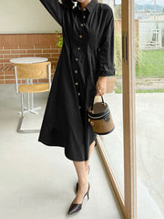 Women Shirt Collared Spliced Buttons Pleated Solid Casual Midi Dresses