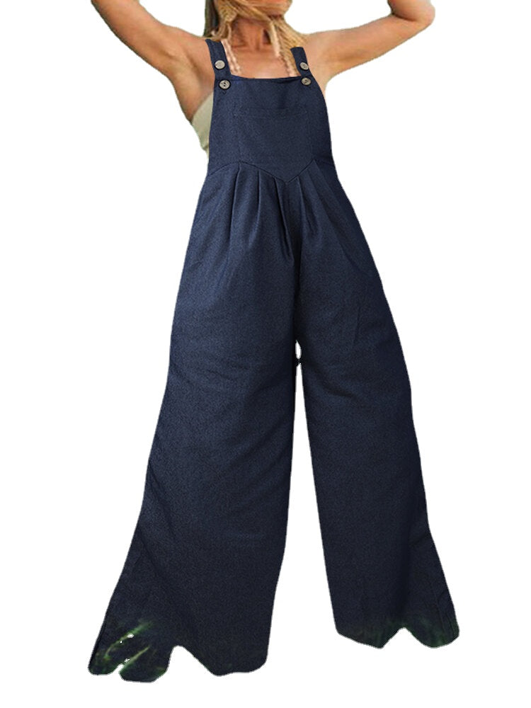Women Solid Color Casual Loose Demin Wide Leg Jumpsuit with Pockets