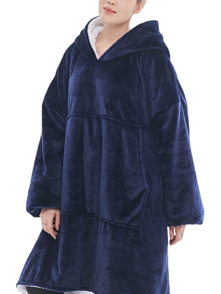 Women Flannel Oversized Kangaroo Pocket Hoodie Blanket Hoodie Home Warm Robes