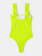 Women Solid Color Ruffled Straps One Piece Hawaii Beach Swimwear