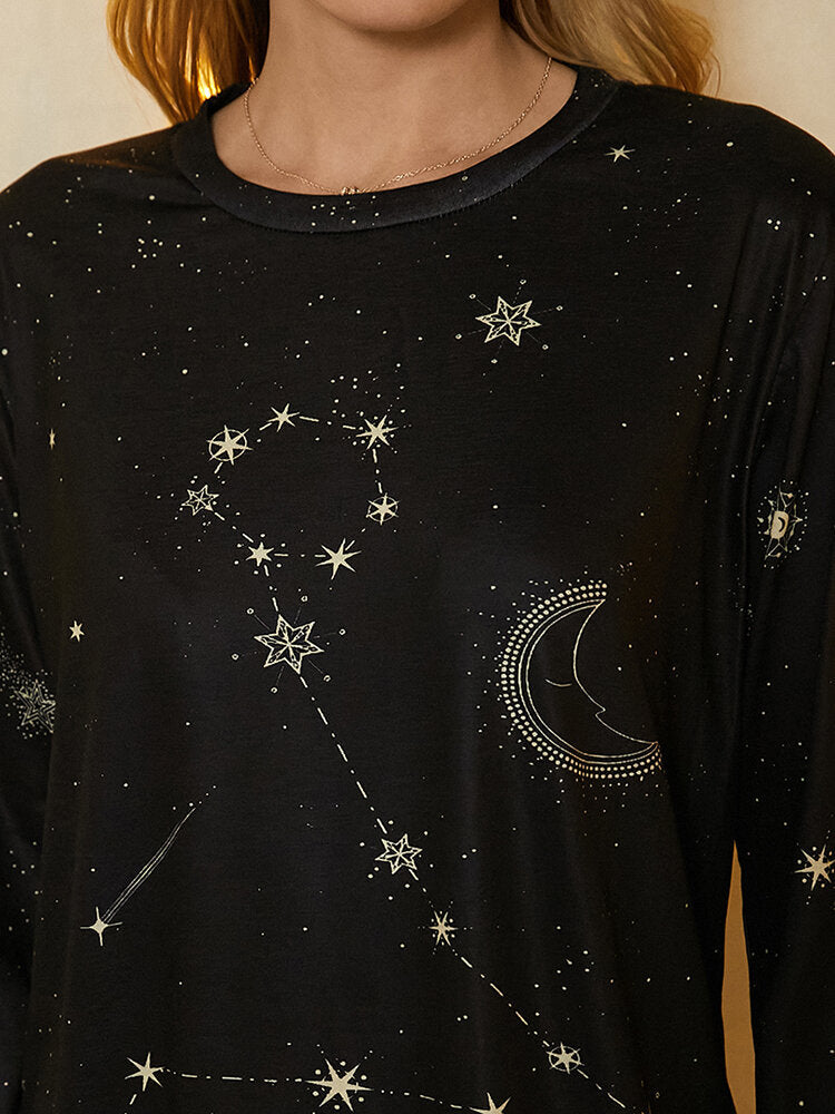 Women Pisces Print Stars Moon O-neck Long Sleeve Casual T-Shirt