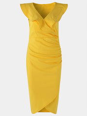 Yellow V-neck Irregular Hem Crossed Front Design Ruffle Midi Dress