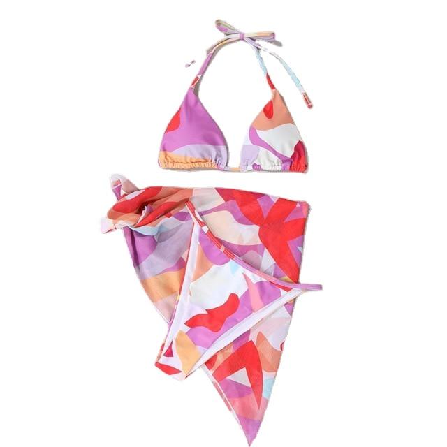 Sexy Women's Print Low Waist Halter Swimsuit 3pieces