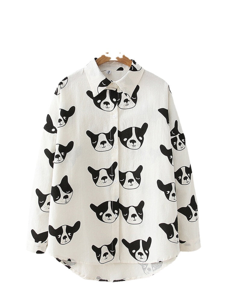 Cartoon Dog Animal Print Button Down Long Sleeve Irregular Hem Casual Blouse For Women