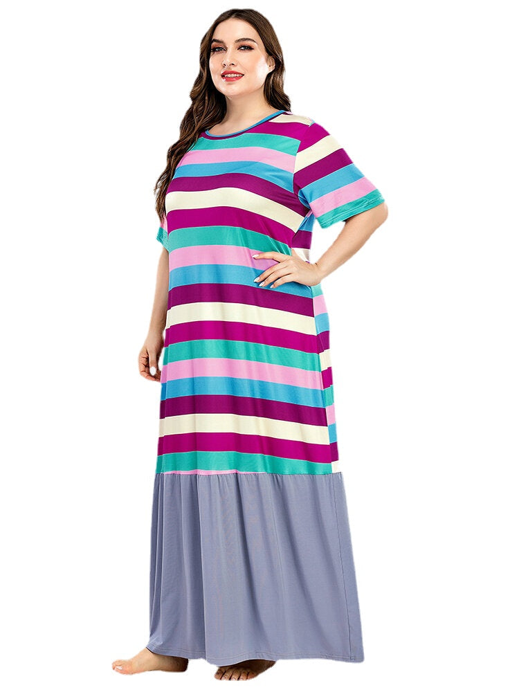 Plus Size Women Colorful Stripe Patchwork Short Sleeve Home Casual Nightgowns
