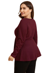 Plus Size V-neck Waffle Knit Criss-Cross Long Sleeves Knitwear