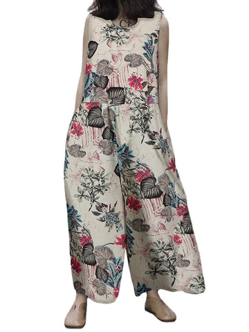Women Cotton Plant Floral Print Side Pockets Sleeveless Casual Jumpsuits