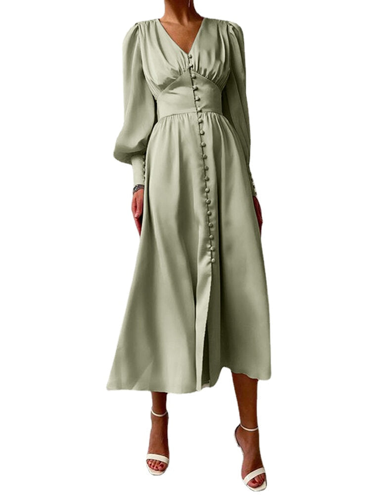 Women Satin Button Up V-Neck Long Sleeve Elegant Maxi Dresses