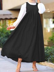 Women Sleeveless Solid Color Belted A-Line Casual Loose Slip Maxi Dress