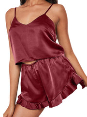 Plus Size Women Faux Silk Solid Color Straps Short Sleeve Pajama Sets