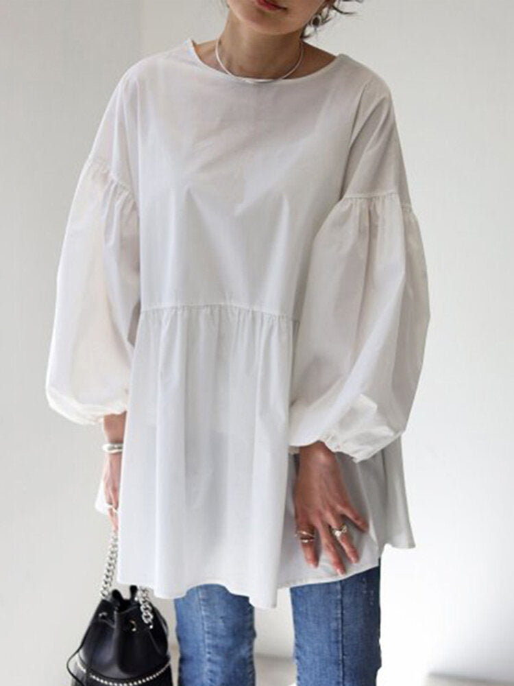 Solid Cold Shoulder Ruffle Sleeve Blouse For Women