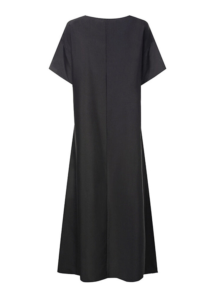 Women Print Loose V-neck Short Sleeve Long Maxi Dress