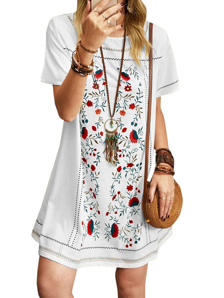 Floral Print Short Sleeve O-neck Casual Dress