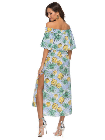 Women Off Shoulder Floral Print Split Causal Midi Dress