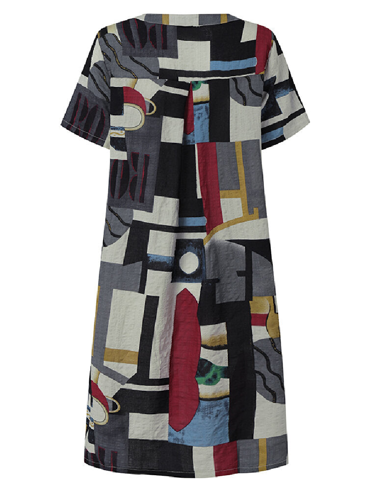 Women Geometry Print Short Sleeve Vintage Dresses with Pockets