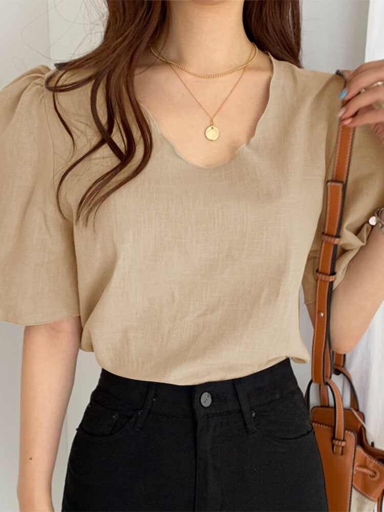 Leisure Solid V Neck Casual Cotton Blouse