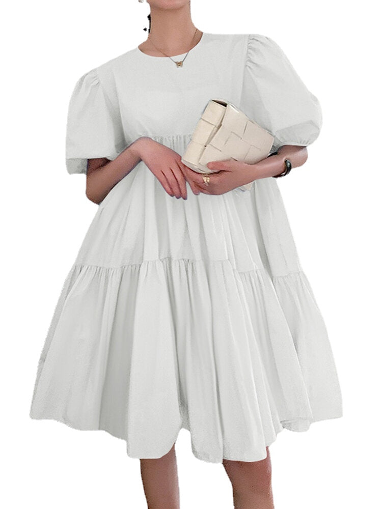 Puff Sleeve Leisure Pleating Solid Summer Dress For Women