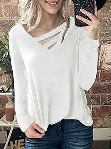 Women Solid Color V-Neck Hollow Out Long Sleeve Plus Size Blouse