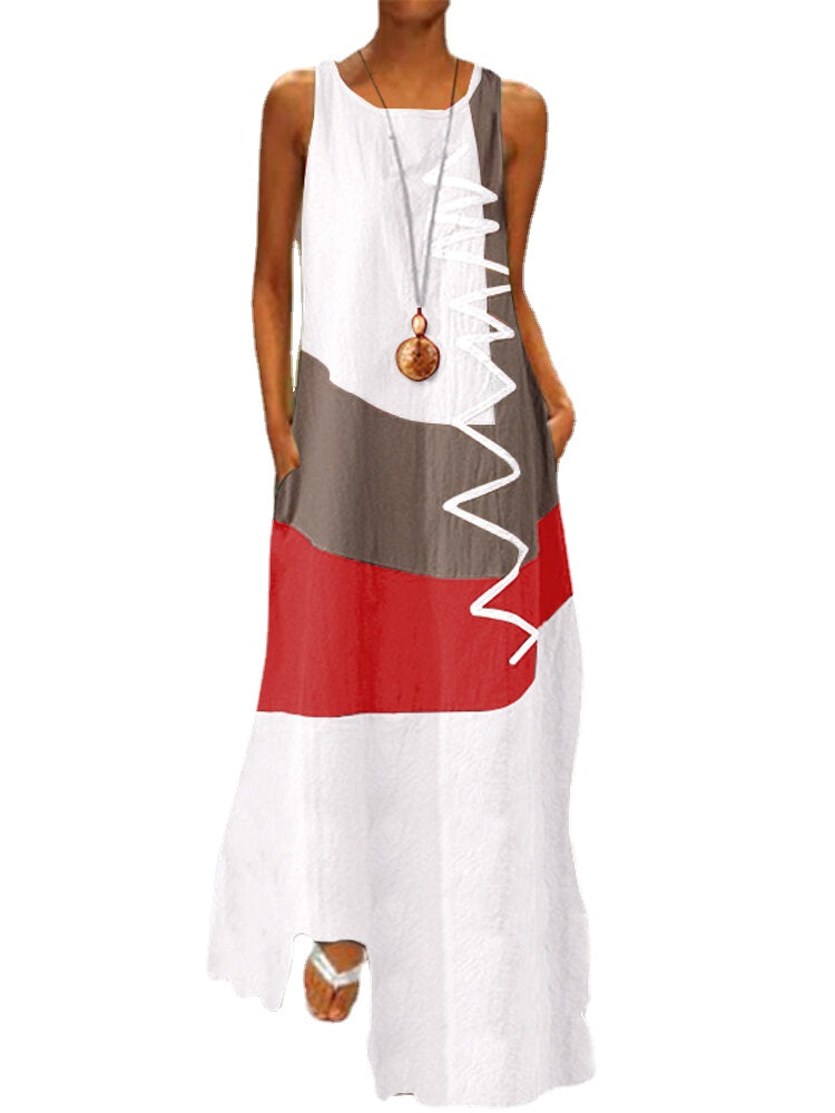 Sleeveless Patchwork O-neck Side Pocket Casual Long Maxi Dress